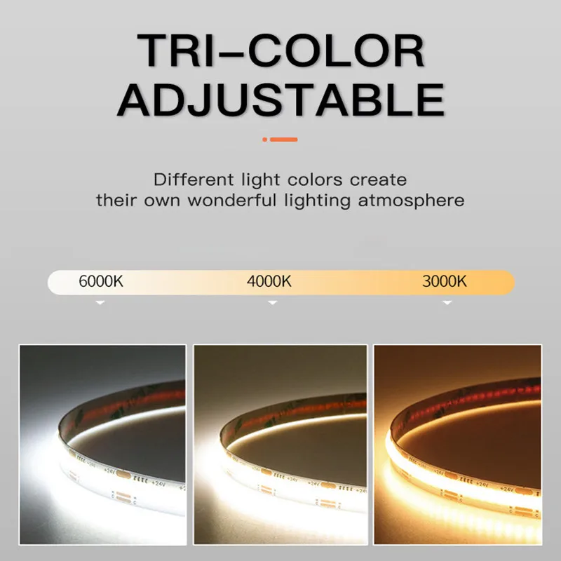 Tira de luces LED COB CCT de 12V, 24V CC, 2700K a 6500K, cinta LED que cambia de Color, cinta lineal de doble Color RA90 regulable de 5mm y 8mm de ancho