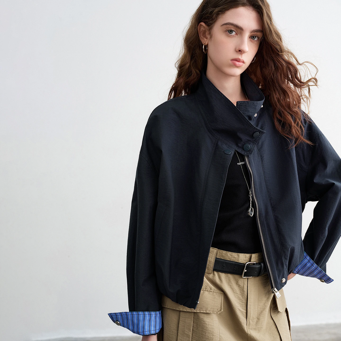 TOYOUTH Chaquetas de algodón flameado para mujer primavera 2026 nueva silueta recortada de tulipán puño a rayas-tops con cuello levantado