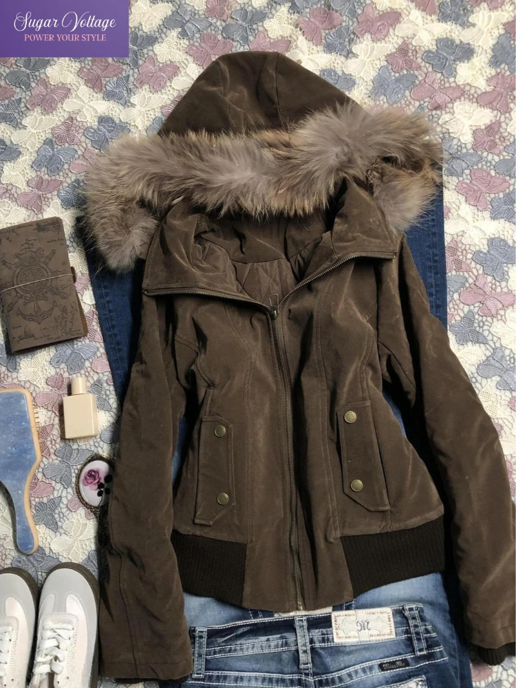 Chaqueta con capucha Harajuku de moda Vintage americana para mujer, abrigo corto ajustado con cuello de piel marrón, ropa de calle informal, prendas de vestir exteriores elegantes