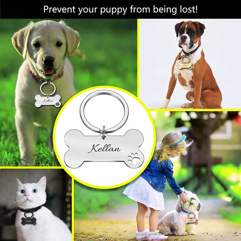 Llavero con Placa de Identificación Personalizada para Mascotas, Grabado con Nombre, para Gatos, Cachorros y Perros, Colgante en Forma de Hueso, Accesorios para Mascotas