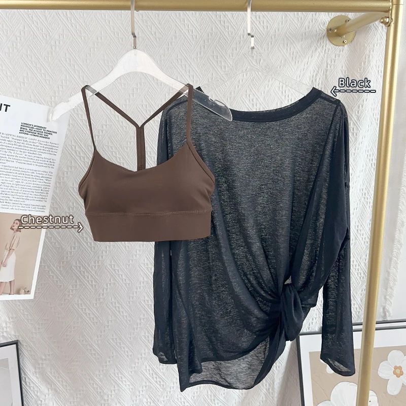Camisas de Yoga para mujer, Tops deportivos de manga larga con cuello redondo, camiseta transpirable para correr, ropa holgada para Fitness, ropa deportiva para gimnasio, camisetas de Pilates