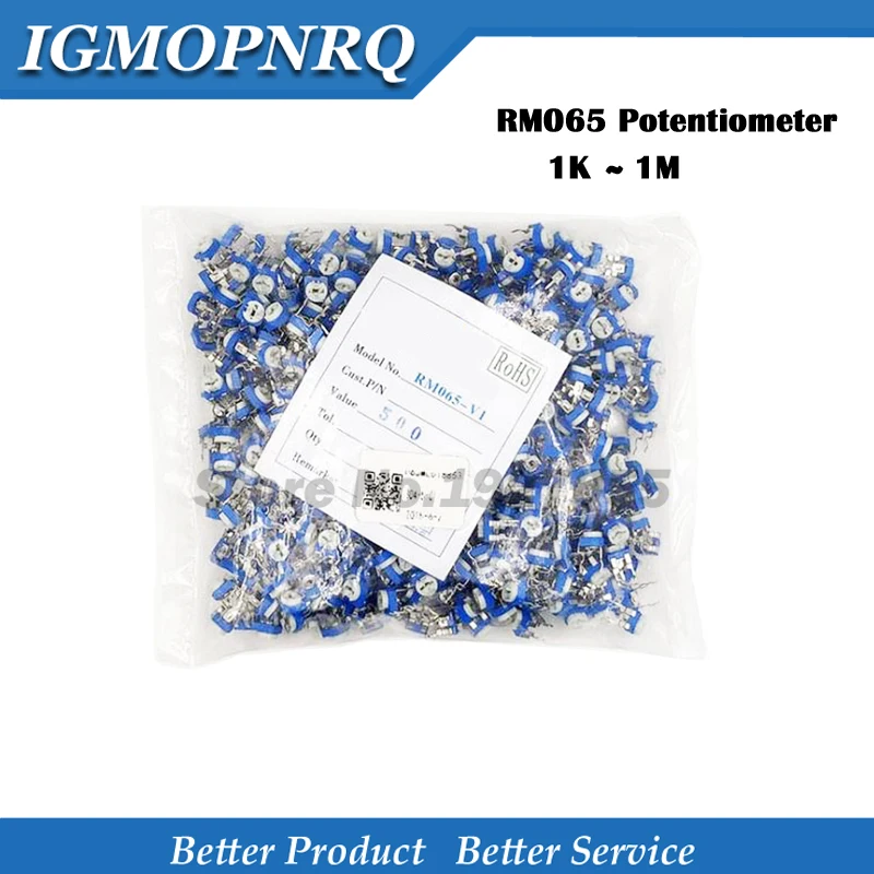 Recortadora de potenciómetro de resistencia variable, RM065, RM-065, 500, 100, 200, 1K, 2K, 5K, 10K, 20K, 50K, 500K, 100K, 200K, 1M ohm, 500 unidades por lote