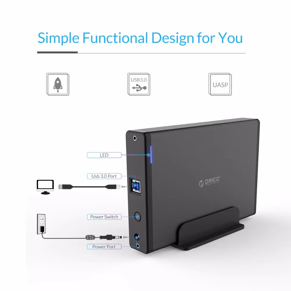 ORICO-funda HDD de 3,5 pulgadas, adaptador SATA a USB 3,0, carcasa de disco duro externo para disco SSD de 2,5 y 3,5 pulgadas, carcasa HDD para PC