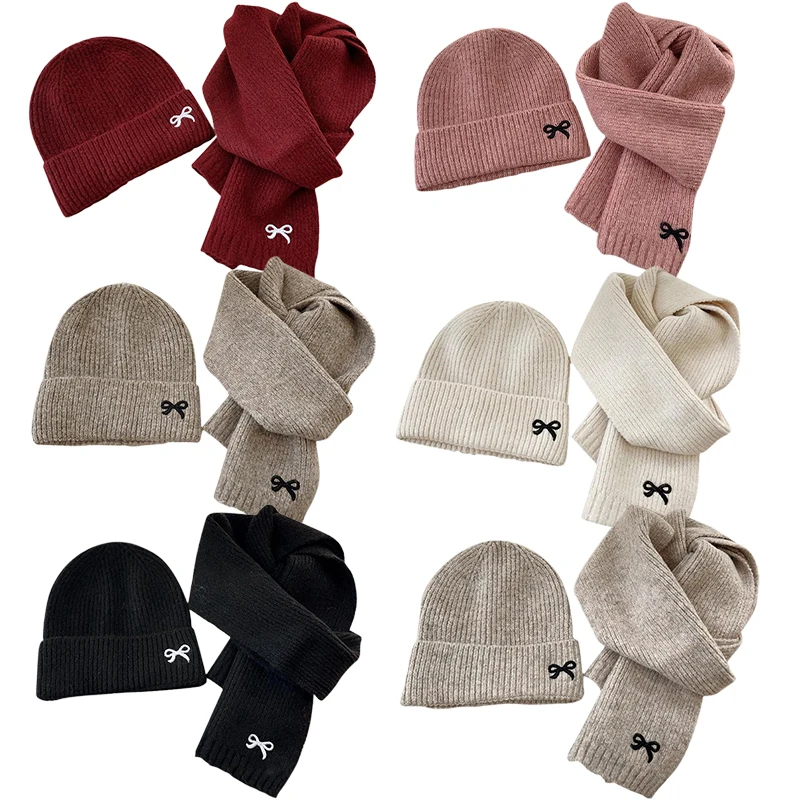 Gorros de punto coreanos para niños, traje de bufandas, gorro de invierno para niños, gorro grueso suave para niñas y niños, gorro cálido bordado con bonito lazo, 2 uds.