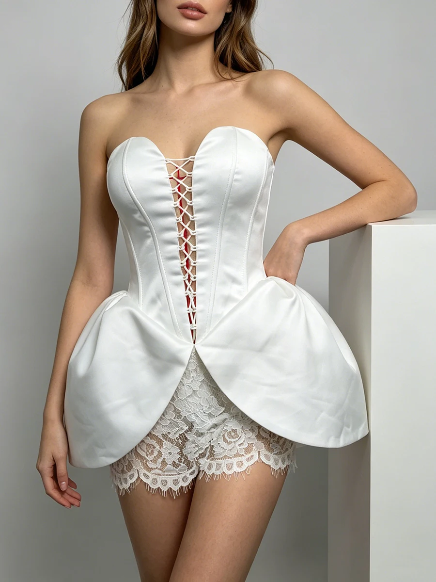 Vestidos Sólidos con Aberturas TWOTWINSTYLE para Mujer, sin Tirantes, sin Mangas, Cintura Alta, con Parches de Encaje, Mini Vestido Sexy, Moda Femenina