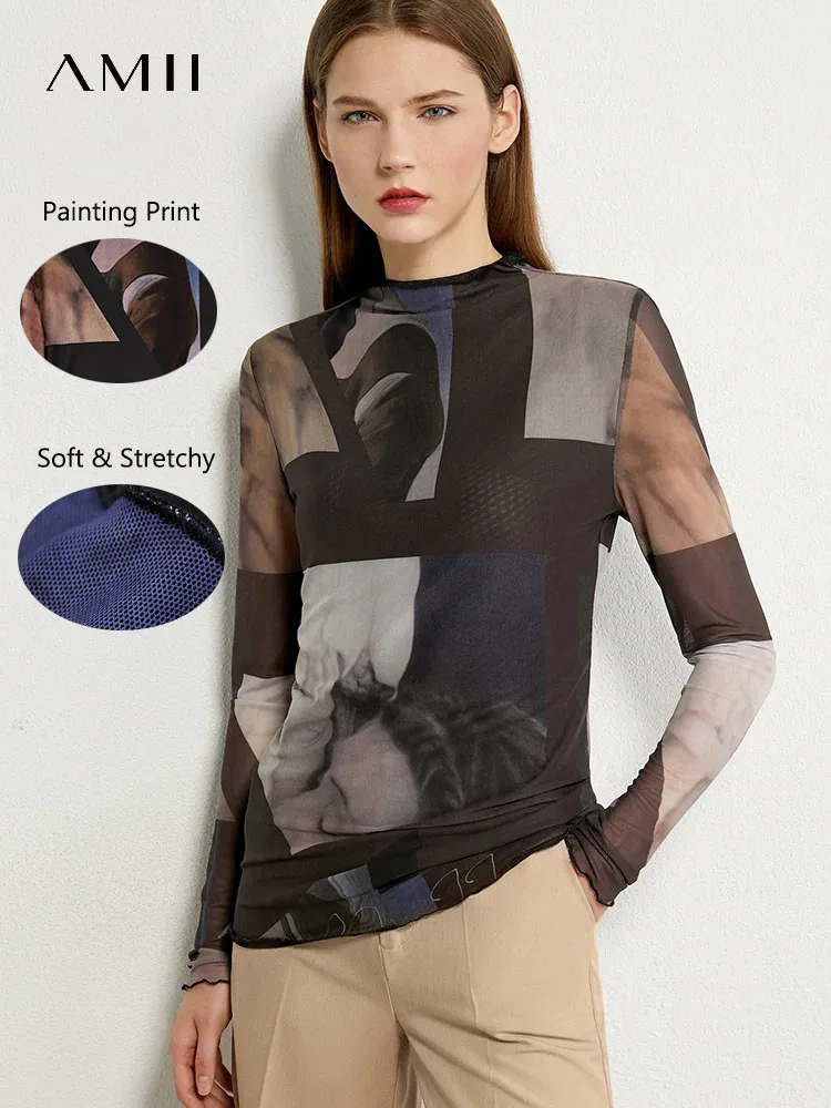 Camisetas de manga larga minimalistas AMII para mujer, novedad de otoño 2026, camiseta interior con estampado de malla, tops ajustados de moda 12421003