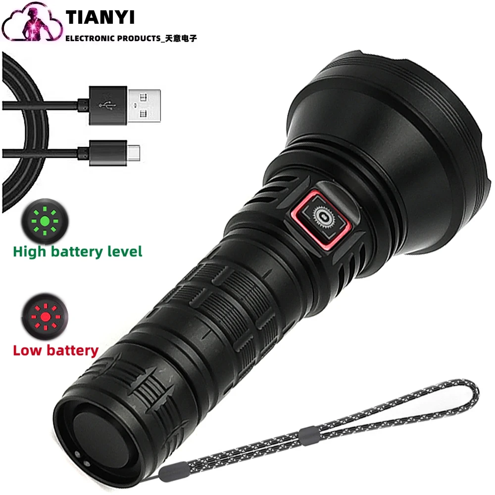 Linterna de Alta Potencia Multifuncional para Exteriores con Cargador de Batería, Batería de Litio 26650, Iluminación Impermeable, Luces Nocturnas