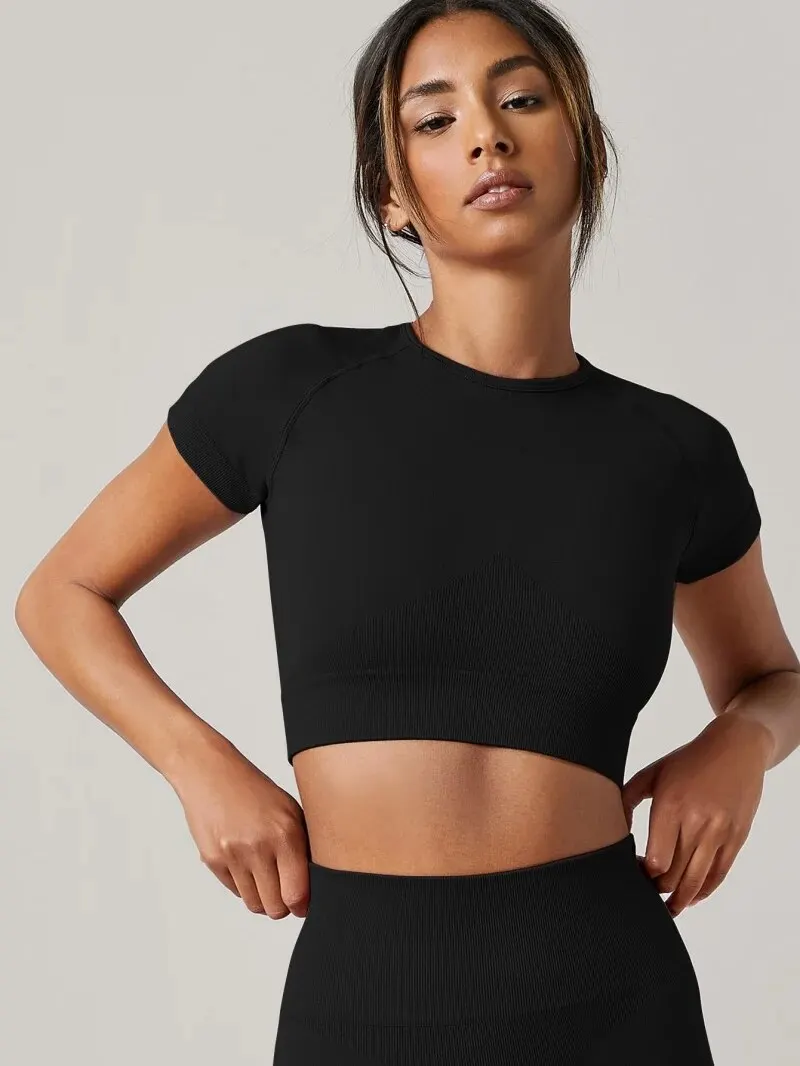 Top de Yoga sin costuras para mujer, camisetas deportivas, ropa de Fitness, camiseta de manga corta de Yoga, Top de gimnasio, ropa activa para correr, Top deportivo