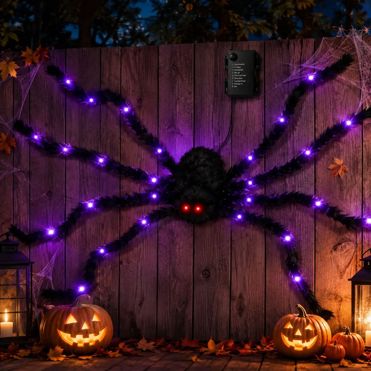 1 pieza de araña gigante luminosa de Halloween, negra y peluda, con luz LED morada, alimentada por batería, 8 modos de iluminación, para decoración de porches interiores y exteriores.