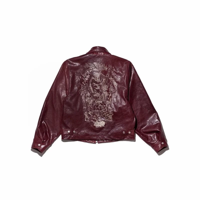 Chaqueta de cuero estampada bordada 2026ss, chaquetas de mujer informales holgadas de color Burdeos de alta calidad para hombre y mujer