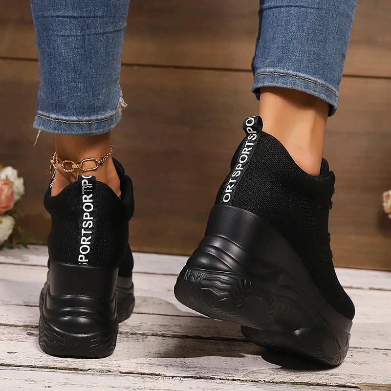 Zapatillas de deporte con cuña de malla transpirable para mujer, zapatos deportivos cómodos con cordones y plataforma gruesa, zapatos antideslizantes de punto para caminar