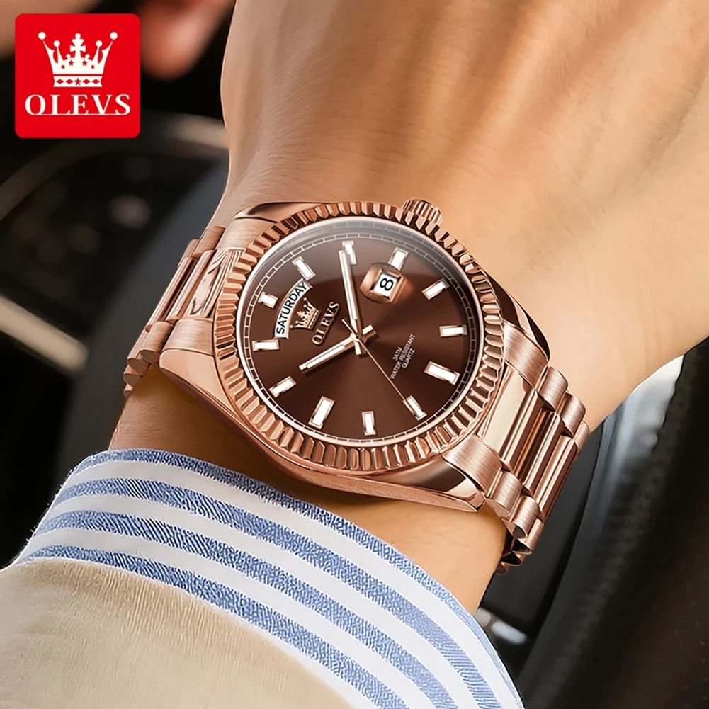 Reloj OLEVS para hombre, reloj de pulsera de lujo de marca superior para hombre, reloj resistente al agua de acero inoxidable de oro rosa a la moda, reloj de cuarzo con fecha y día