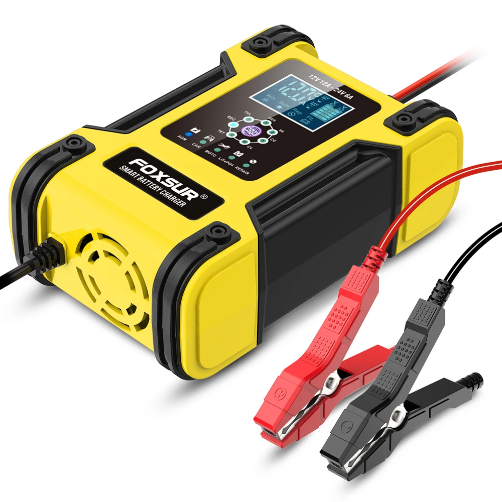 Foxsur-cargador de batería de coche completamente automático, 12V, 12A, pantalla Digital, cargadores de reparación de pulso de potencia, ácido de plomo seco y húmedo