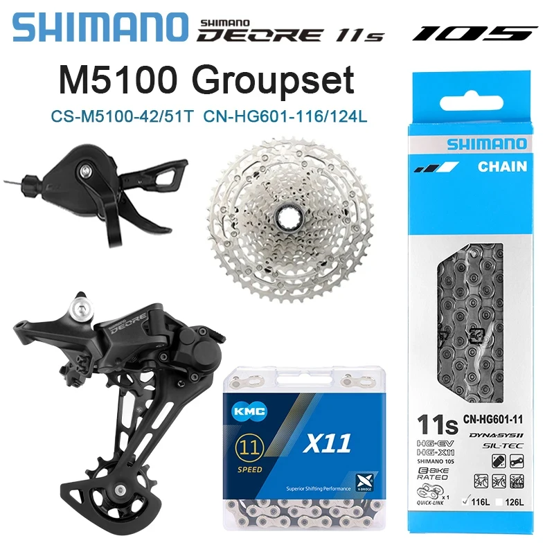 Shimano-palanca de cambios Deore M5100 para bicicleta de montaña, Grupo CS-M5100 42T 51T K7 11 velocidades SL, desviador RD, cadena KMC X11HG601, 11V