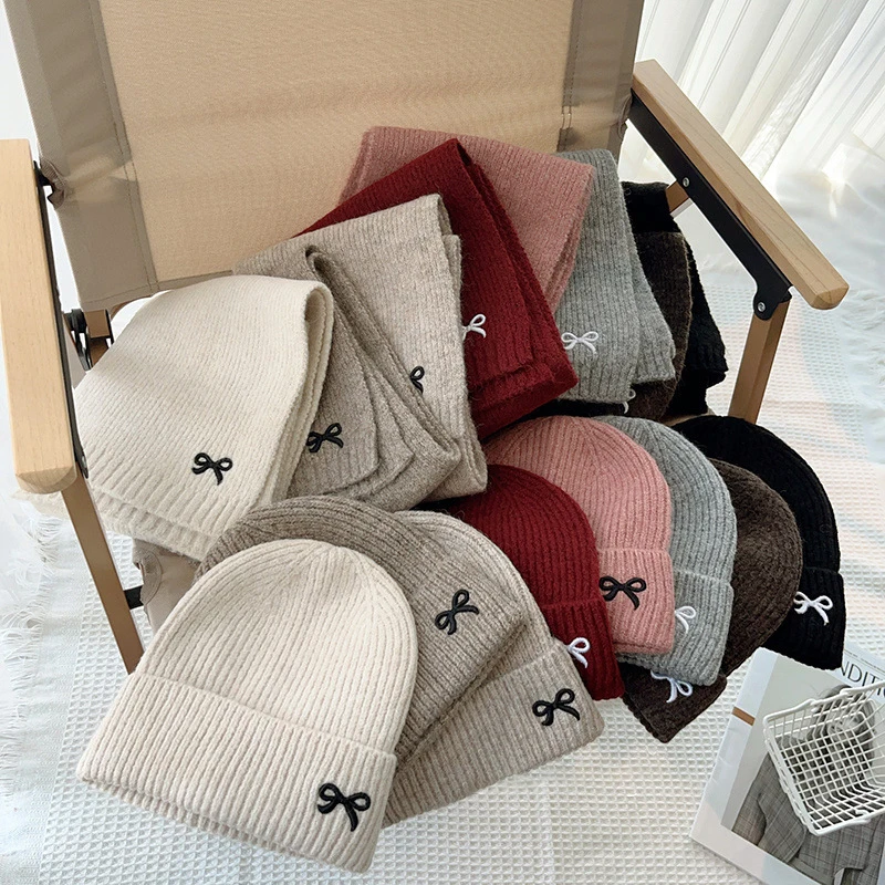 Gorros de punto coreanos para niños, traje de bufandas, gorro de invierno para niños, gorro grueso suave para niñas y niños, gorro cálido bordado con bonito lazo, 2 uds.