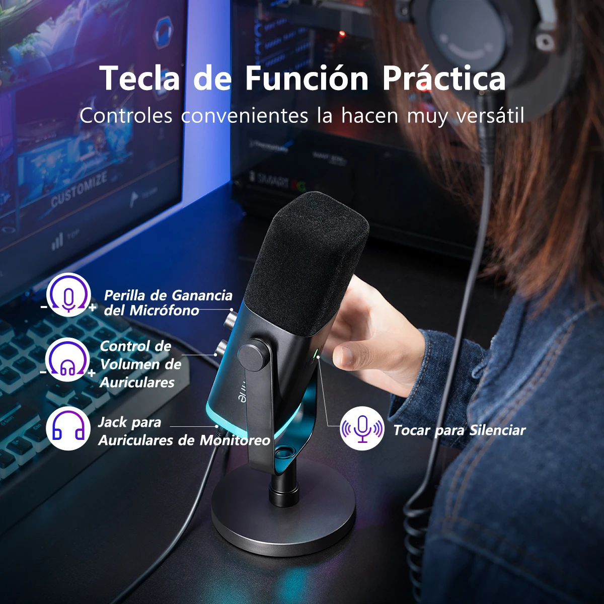 FIFINE-micrófono dinámico USB/XLR con botón de silencio táctil, Conector de auriculares, controles de E/S, para PC, mezclador de PS5/4, amplificador de micrófono para juegos AM8