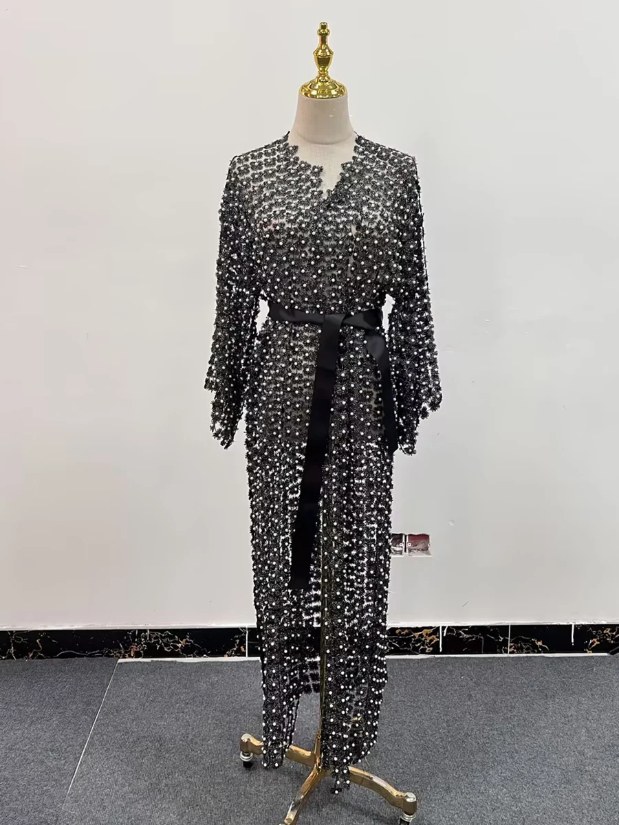 TWOTWINSTYLE, vestidos elegantes de parches lisos con perlas para mujer, cuello redondo, manga larga, lazo empalmado, vestido Midi adelgazante para mujer, nuevo