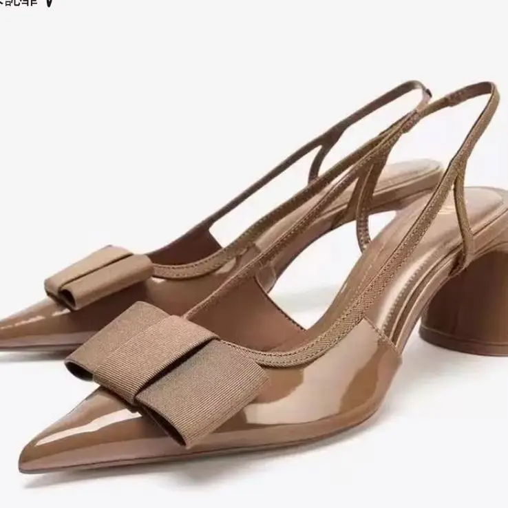 Zapatos de Verano para Mujer con Decoración de Lazo Negro, Tacones Descubiertos, Tacones Gruesos, Tacones Altos Puntiagudos, Sandalias Bajas