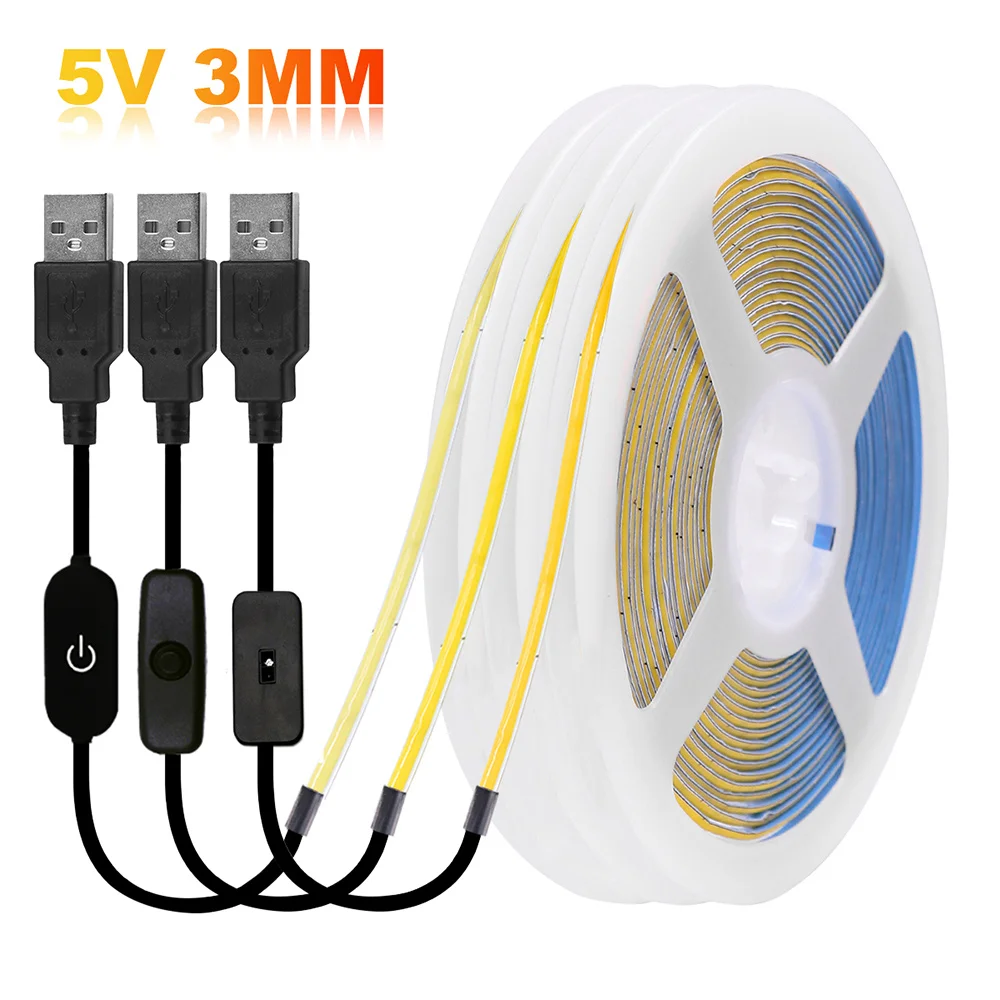 Tira de luces LED COB PCB de 5V USB de 3mm con interruptor atenuador Control remoto 320 LED iluminación lineal de alta densidad lámpara de cinta Flexible