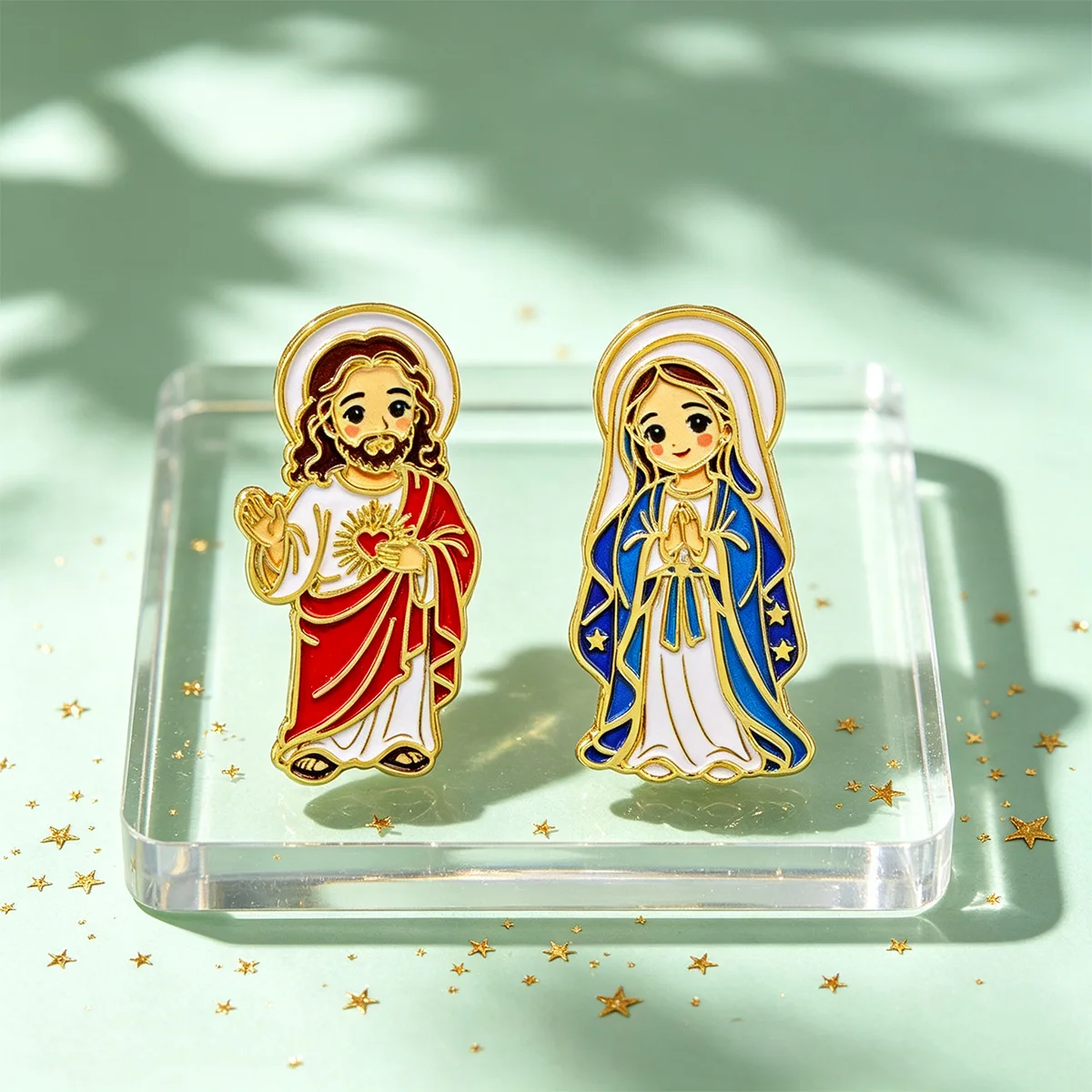 Juego de 2 broches de esmalte de Jesús y la Virgen María para abrigos, broches vintage, insignias de metal para cuello y solapa, regalo de joyería