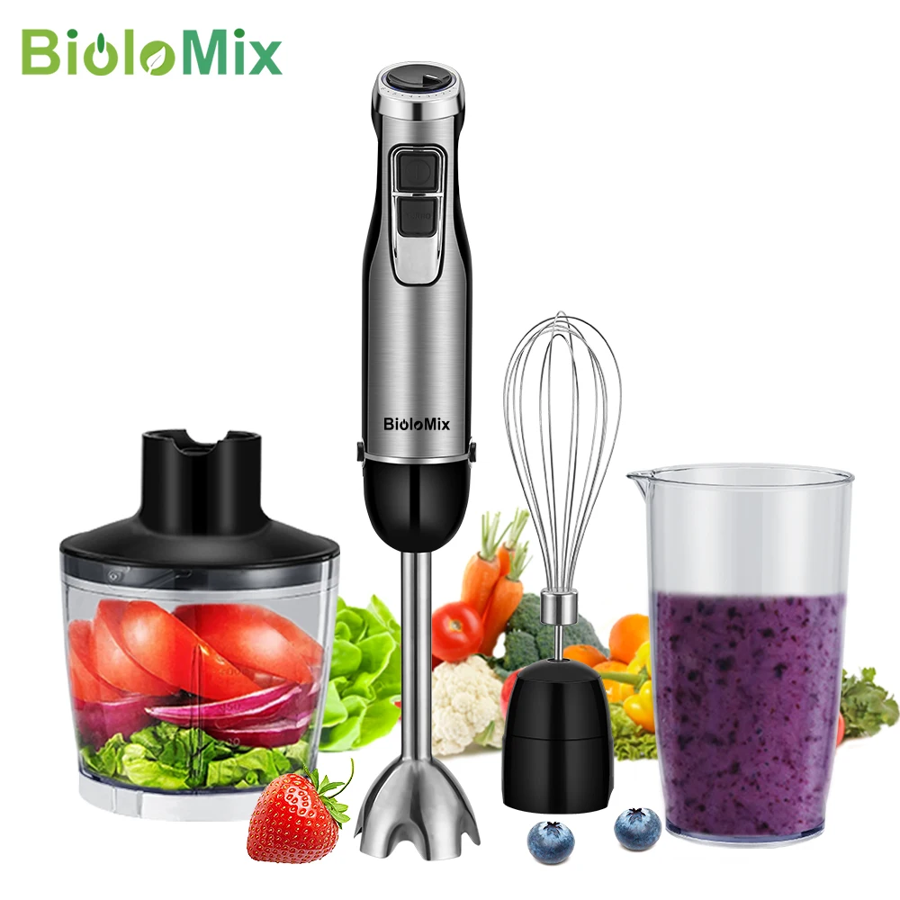 BioloMix-batidora de mano de inmersión 4 en 1, alta potencia, 1200W, incluye picadora y taza para batidos, cuchillas de hielo de acero inoxidable