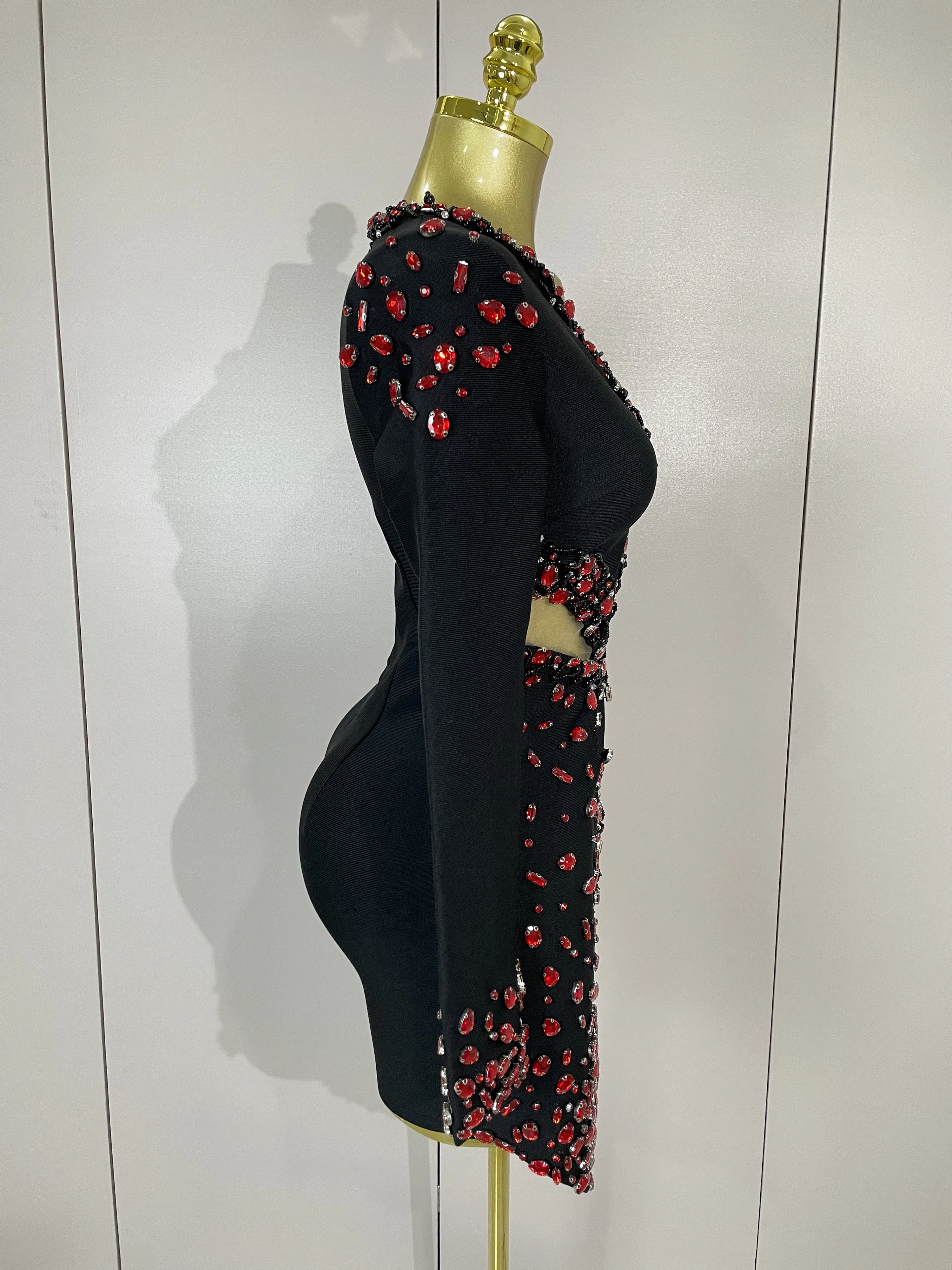 Vestido Bandage negro con diamantes de imitación y cuello en V de manga larga para mujer, vestidos elegantes de lujo para fiesta de cumpleaños y Club nocturno 2025