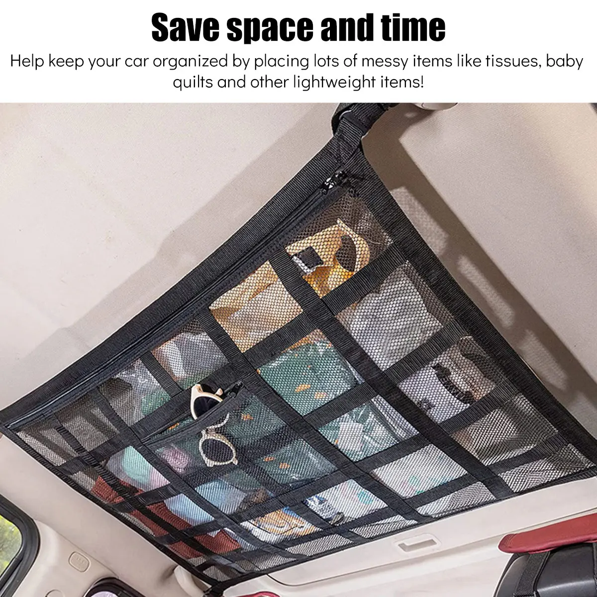 Bolsa de red fuerte para coche, malla con soporte de carga, capacidad de almacenamiento para techo de coche, organizador de accesorios para automóvil, gran viaje, ahorro de espacio