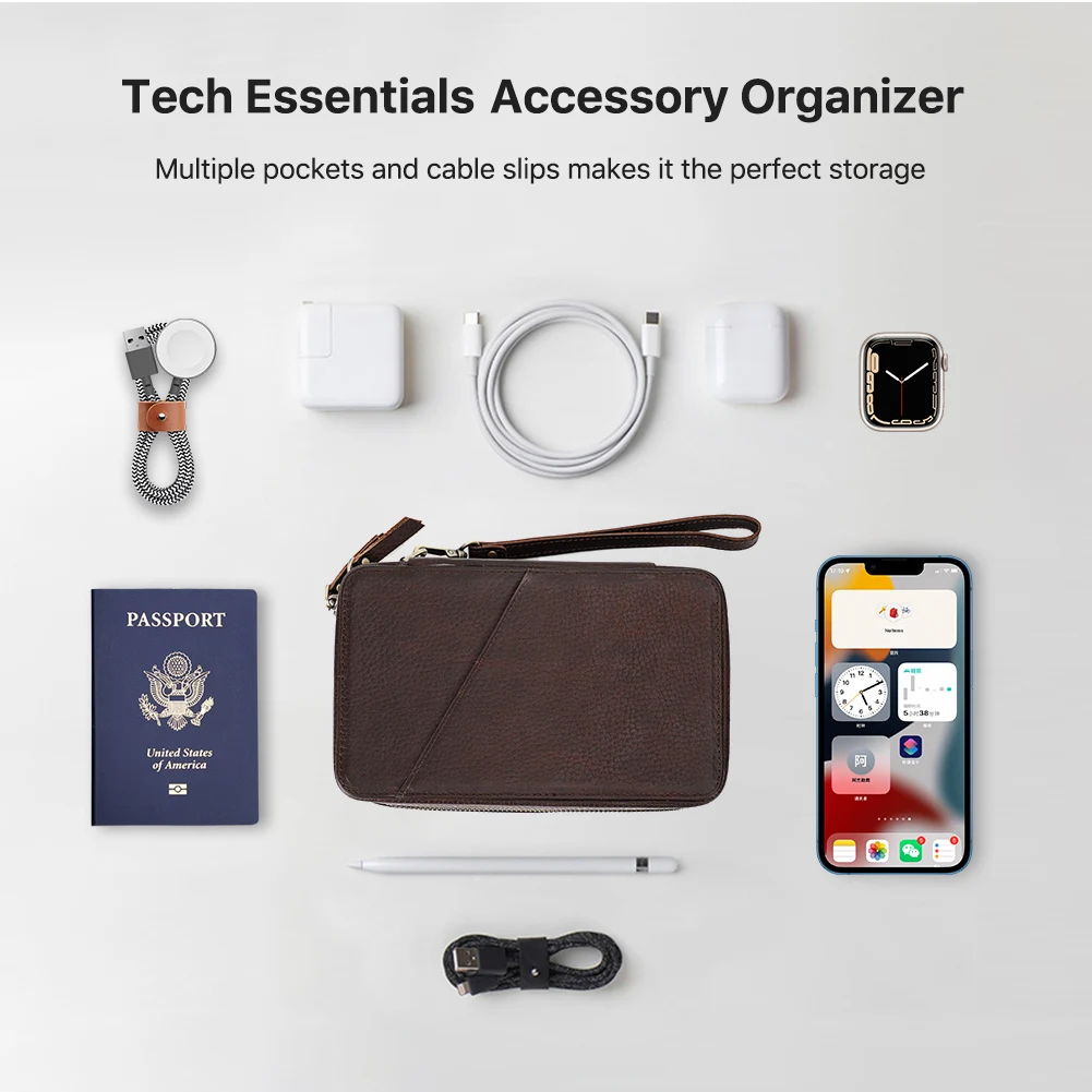 Bolsa de almacenamiento de Cable de datos USB portátil de cuero genuino, estuche para auriculares, accesorios electrónicos, Gadgets, caja organizadora Digital