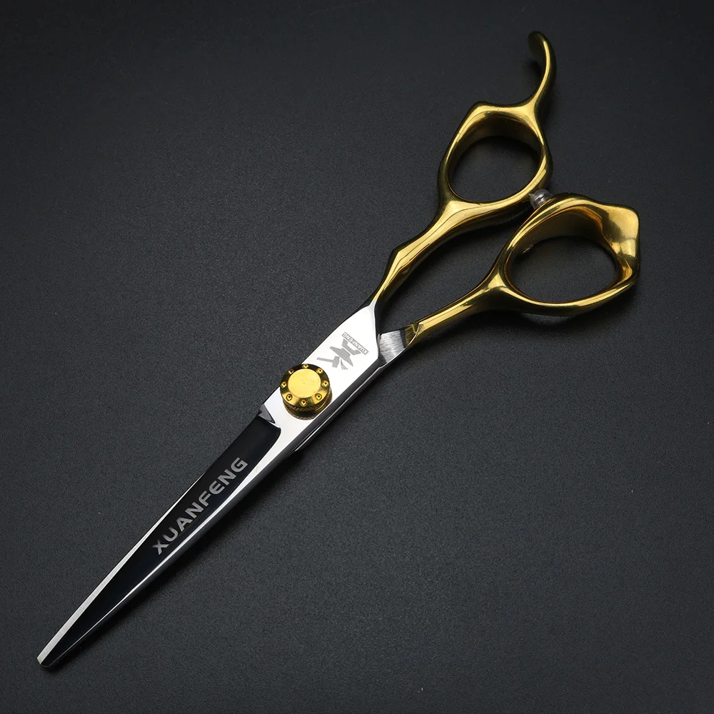 XUANFENG Tijeras para el cabello con mango dorado, tornillos dorados de acero 9cr18, tijeras de corte de peluquero de 6 pulgadas y juego de tijeras de adelgazamiento