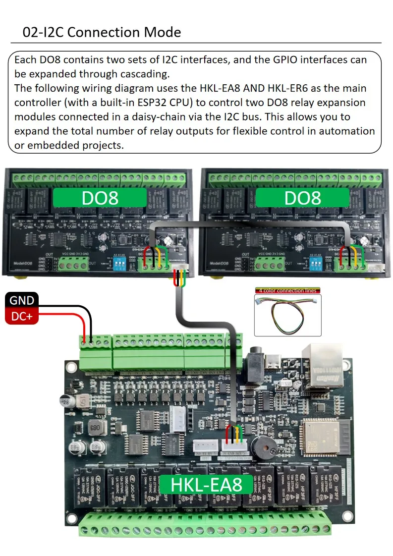 Placa de relé de extensión I2C, solución eficiente DO8 para ampliar la GPIO de ESP32 a través de la dirección I2C personalizada