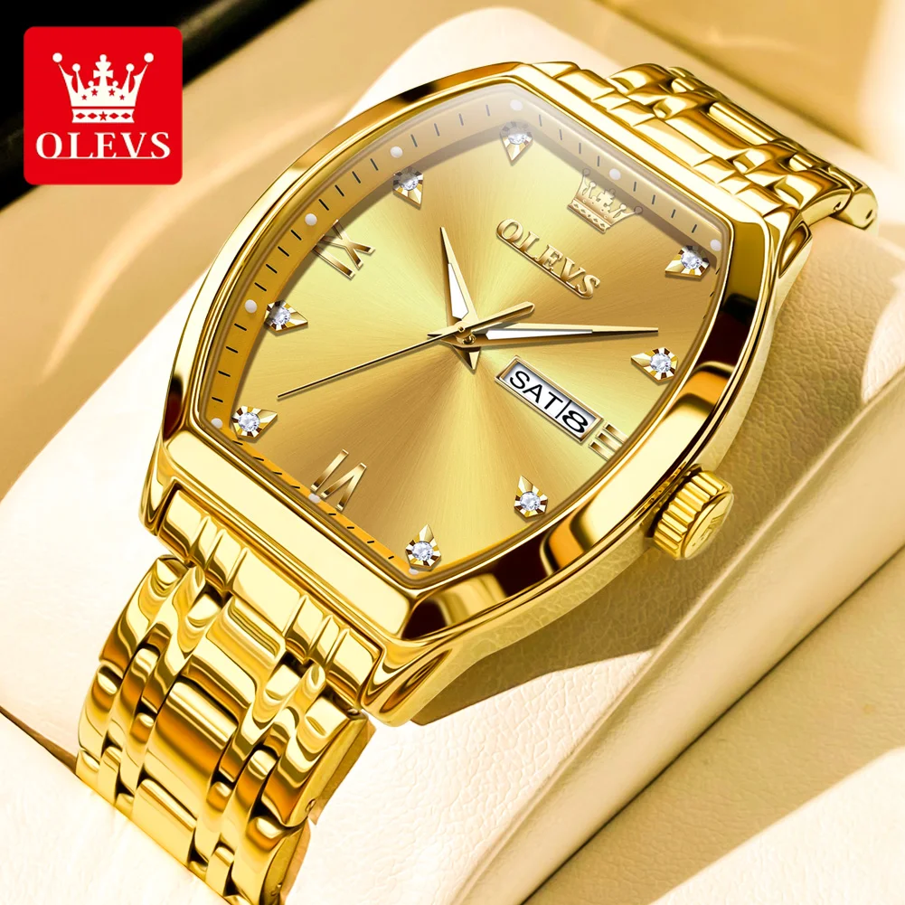 Relojes OLEVS para hombre, reloj de cuarzo Original Tonneau de lujo de la mejor marca para hombre, reloj de pulsera luminoso resistente al agua con fecha semanal para hombre