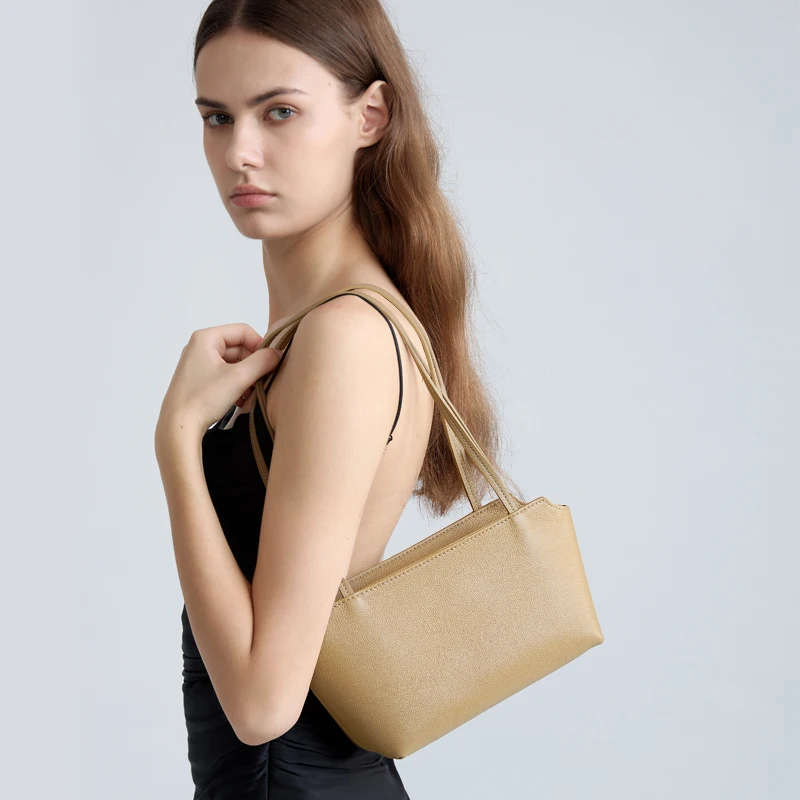 Bolso de Hombro Mini de Cuero Genuino de Vaca para Mujer, Bolso de Mano con Correa Larga de Cuero Granulado, Bolso Minimalista para Uso Diario