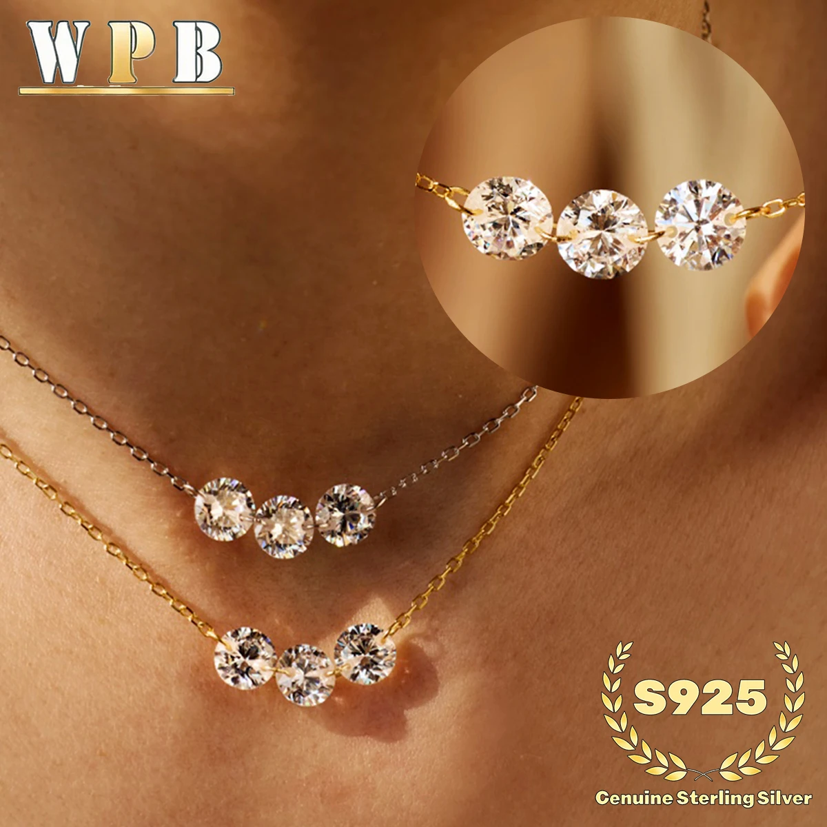 Collar de Plata S925 Genuina con 3 Circonitas Brillantes, Ajustable, Joyería Minimalista de Lujo para Hombre y Mujer
