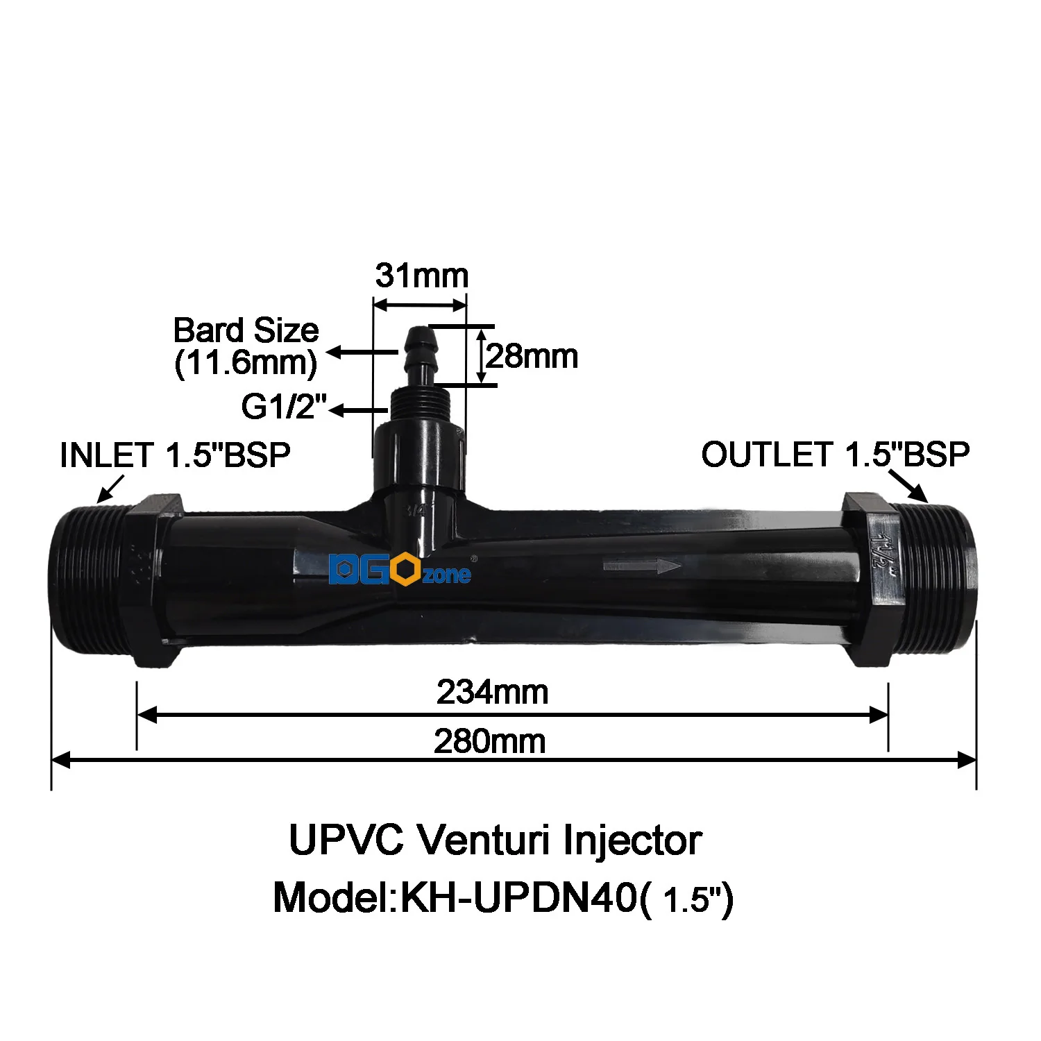 Inyector Venturi DGOzone de UPVC con Válvula para Mezcla de Líquidos, Rosca BSP de 1'', 1.25'' y 1.5'', Jeringa para Fertilizantes