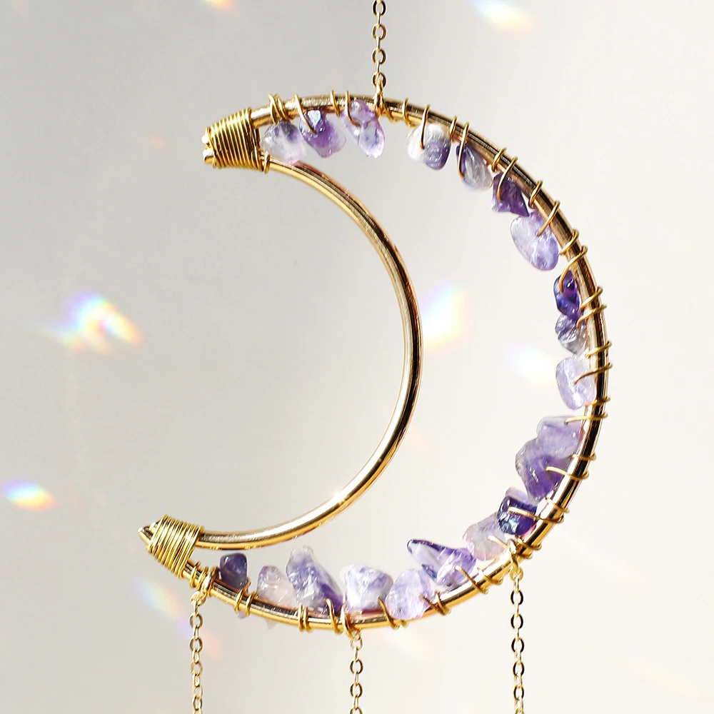 Atrapasueños de amatista con piedras preciosas de cristal y Luna, atrapasueños para decoración del hogar, ventana de cristal de arcoíris, decoración de jardín y patio al aire libre