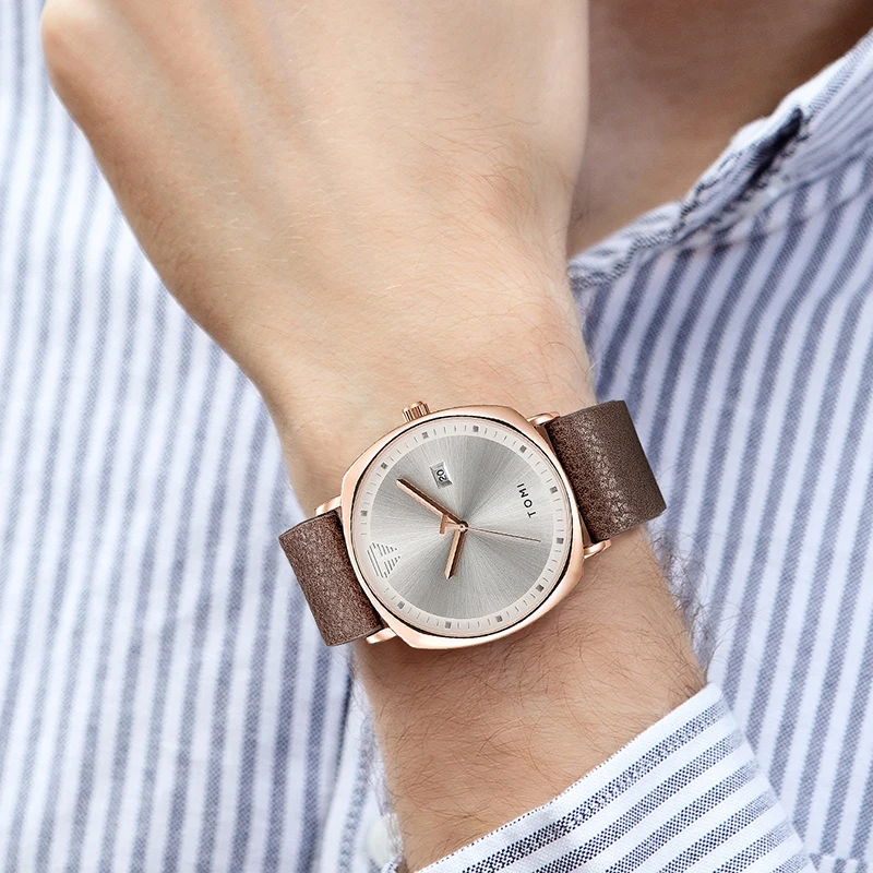 TOMI Reloj para hombre Reloj deportivo de moda minimalista Calendario Reloj de cuarzo informal de cuero