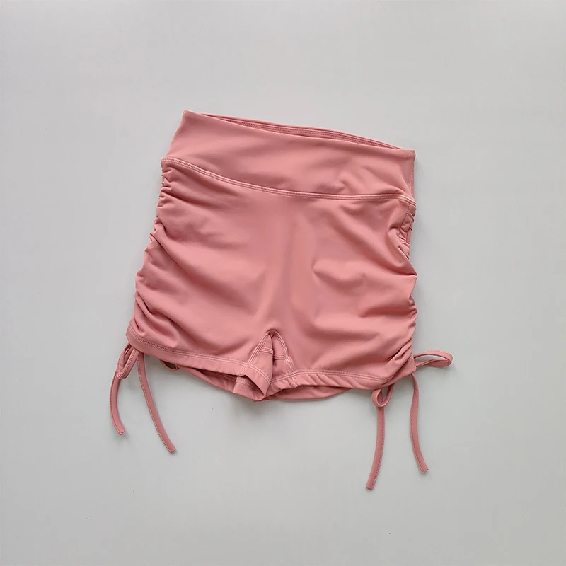Pantalones cortos deportivos sexis de cintura alta con correas con cordón, pantalones de tres piezas para correr de secado rápido, pantalones deportivos para glúteos color melocotón para mujer