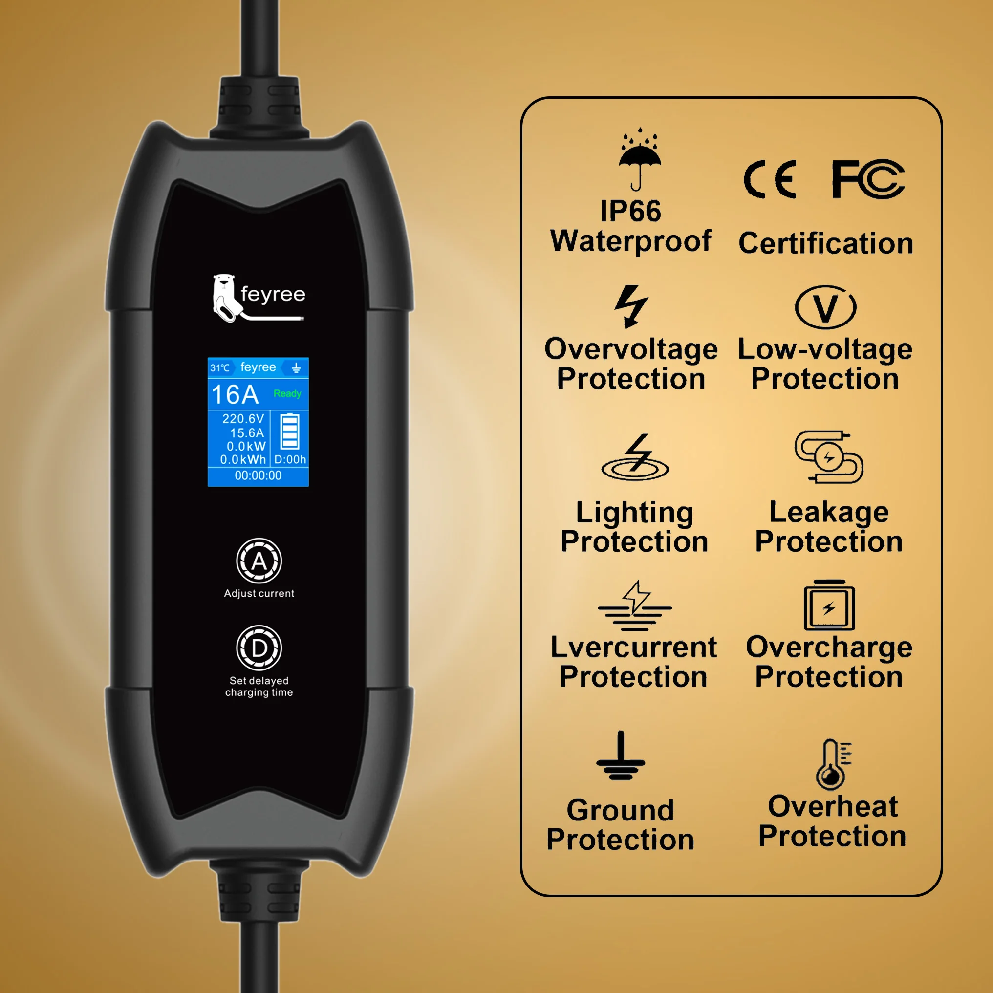 Cargador para Vehículos Eléctricos Feyree Tipo 2, 3.5KW, 16A, Caja de Carga Portátil, Ajuste de Corriente y Tiempo de Retardo, Cable de 5M