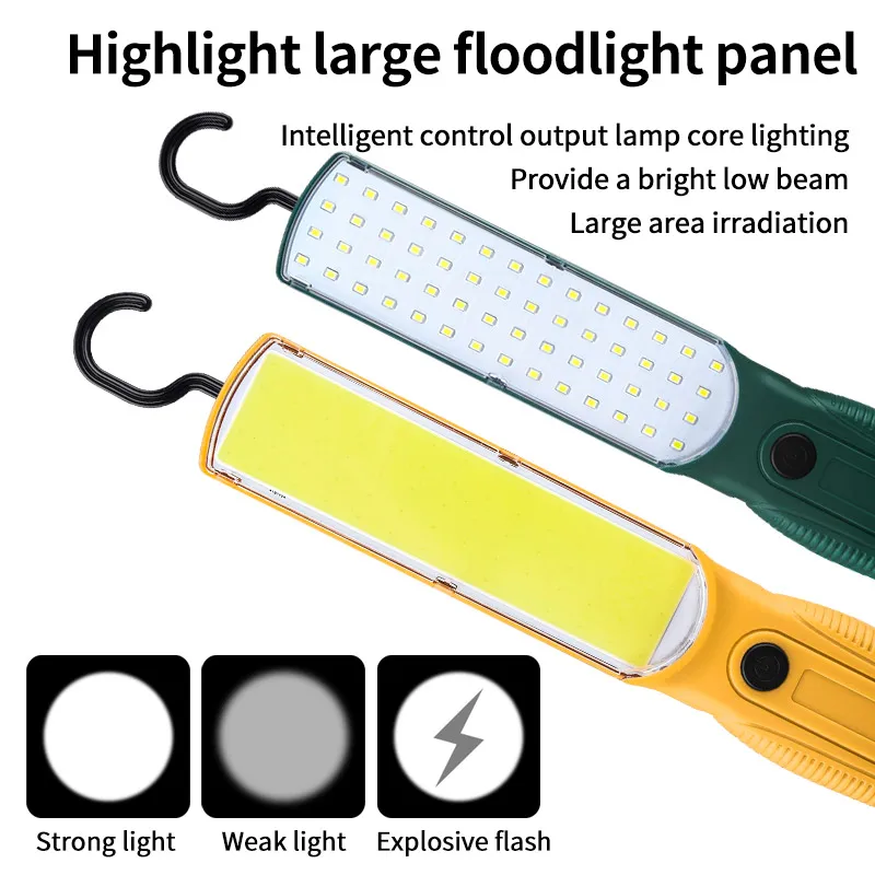 Luz de trabajo LED COB fuerte, reflector de mano, recargable por USB, portátil, para reparación de acampada, linterna de emergencia con gancho magnético
