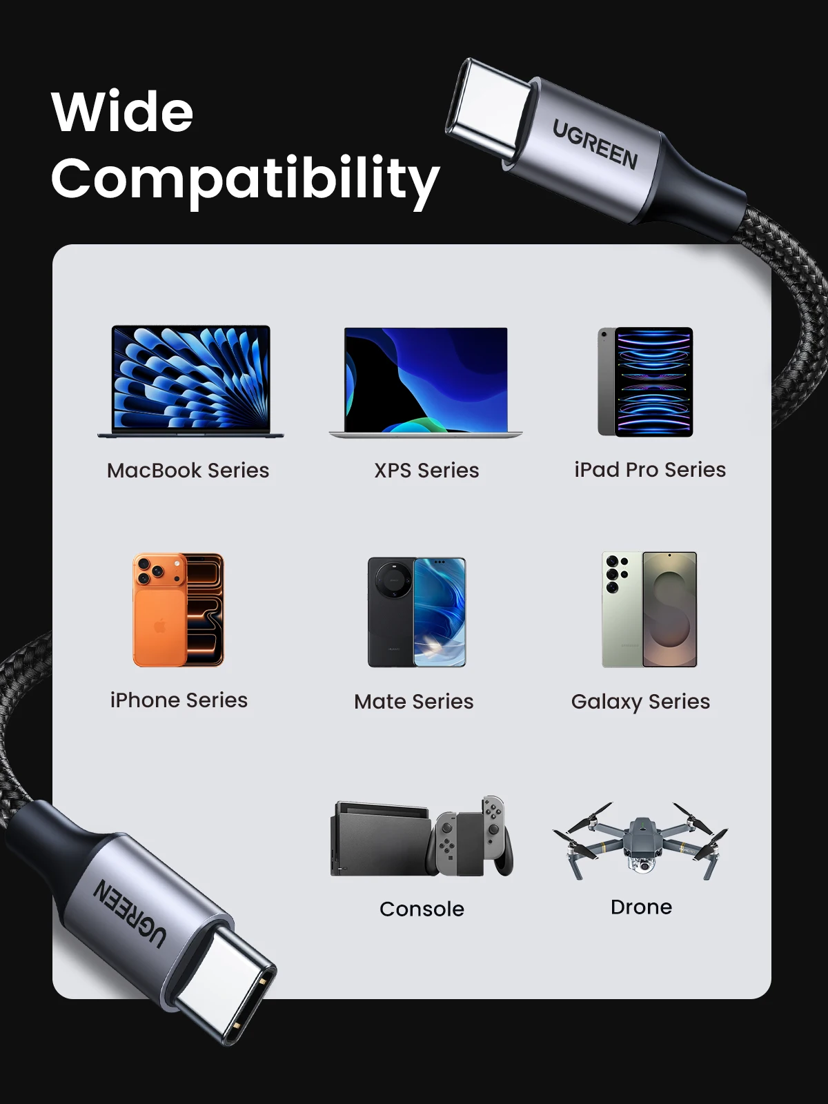 Cable de Carga Rápida UGREEN PD3.0 de 60W USB Tipo-C a USB-C para iPhone 17 16 MacBook Air iPad Samsung Xiaomi
