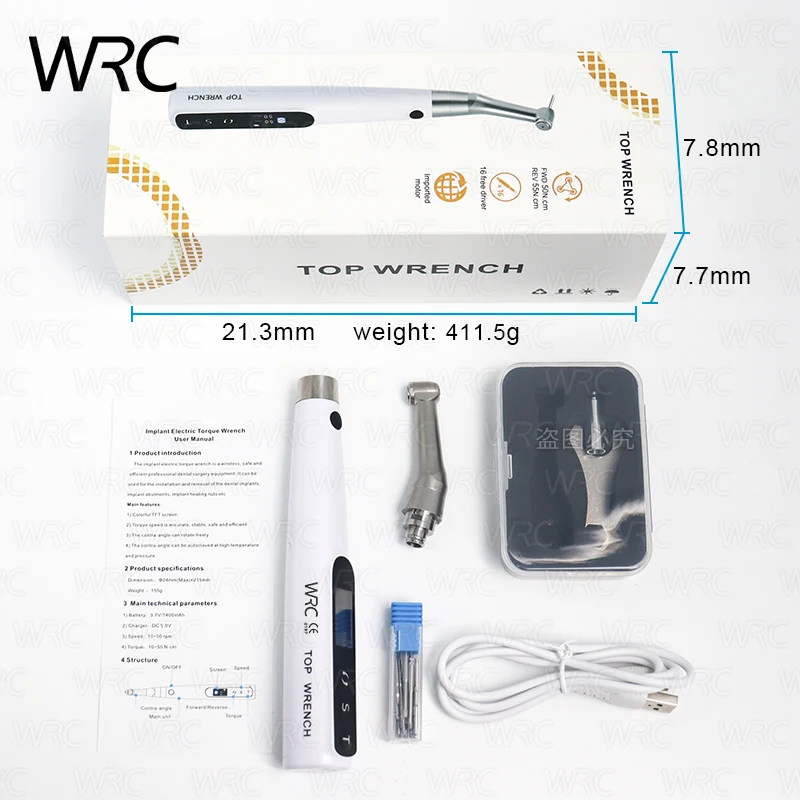 Llave Dinamométrica Eléctrica Inalámbrica para Implantes Dentales 360 °   Contraángulo Rotatorio Autoclavable 10-50N.cm con Pantalla TFT y 16 Puntas de Atornillado