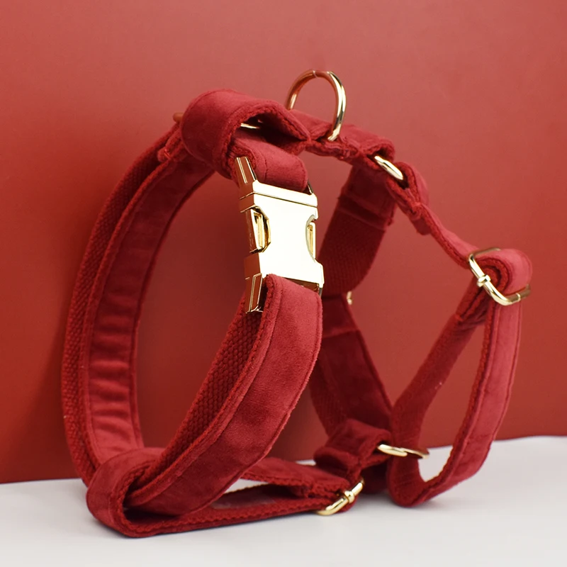 Collar y correa de terciopelo rojo cereza para perros, placa de identificación grabada personalizada, suministros para mascotas, correa para perros, 42