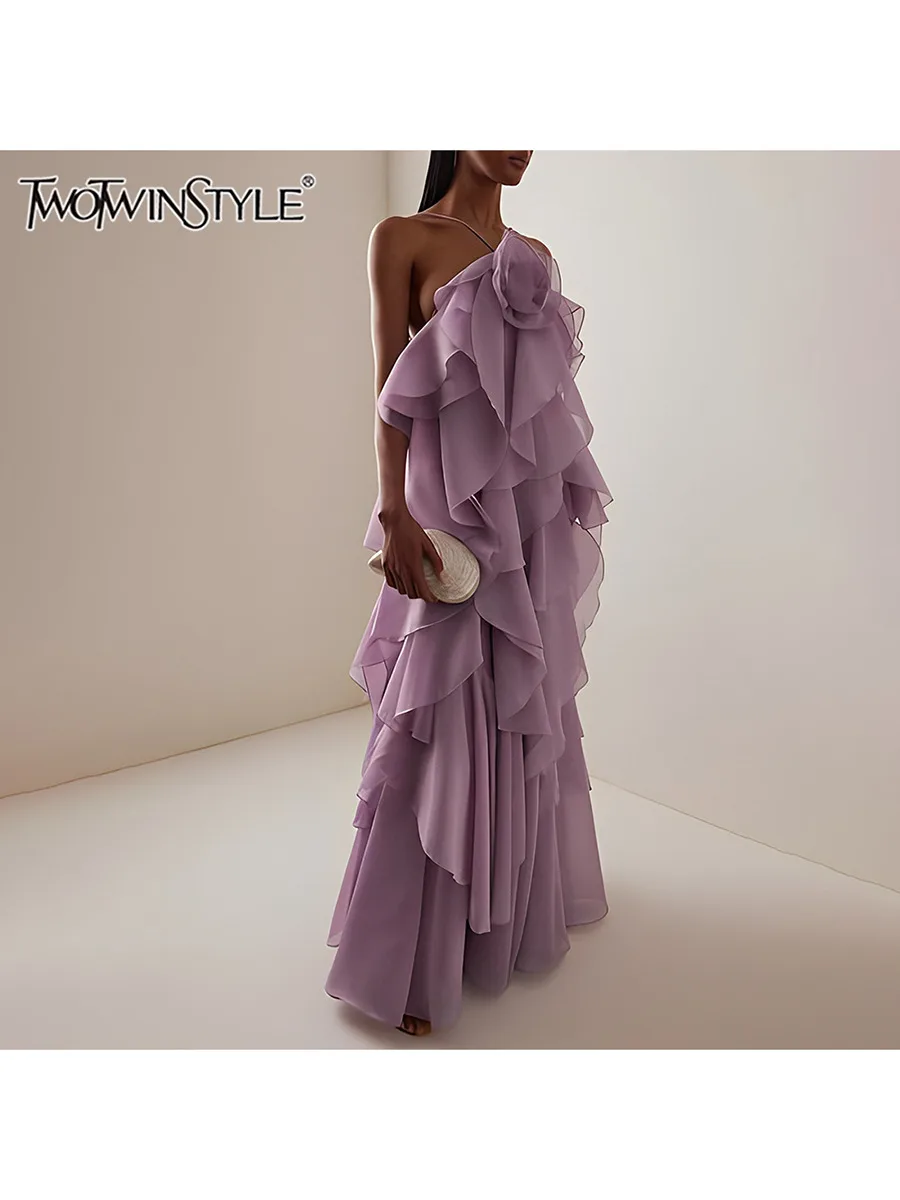 TWOTWINSTYLE, vestidos elegantes lisos con volantes empalmados para mujer, vestido suelto sin mangas con cuello Halter y cintura alta con espalda descubierta, moda femenina