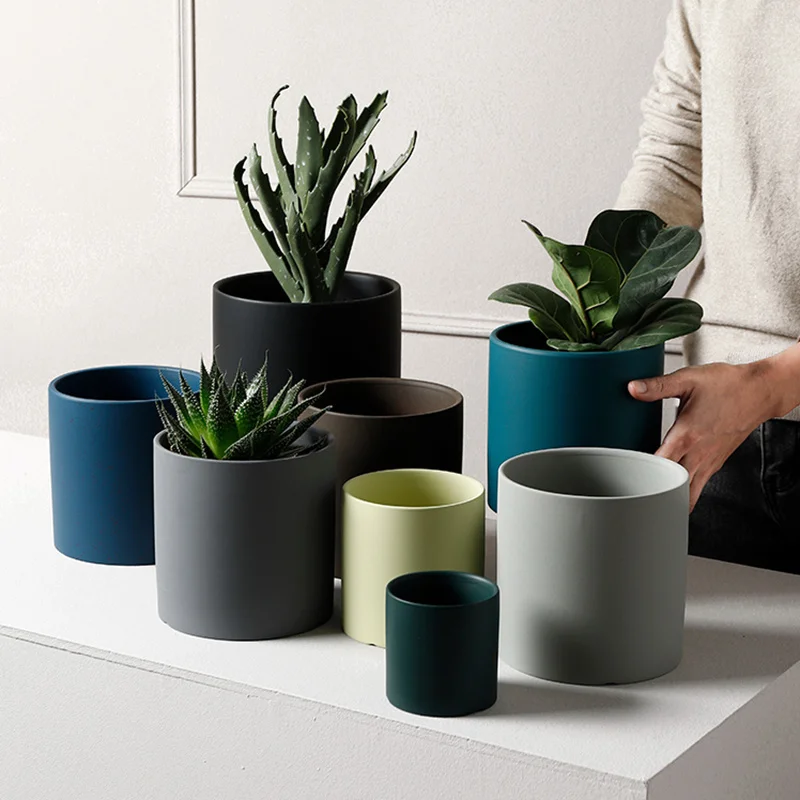 Maceta de cerámica de estilo nórdico para plantas, maceta cilíndrica con agujero, decoración de jardín