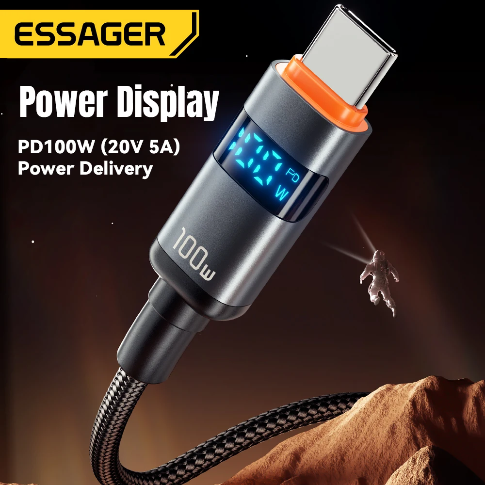 Cable Essager de 100W USB C a Tipo C con Pantalla Digital, Carga Rápida de 5A, Cable Tipo C a Tipo C para MacBook Pro, Xiaomi, Huawei, Samsung