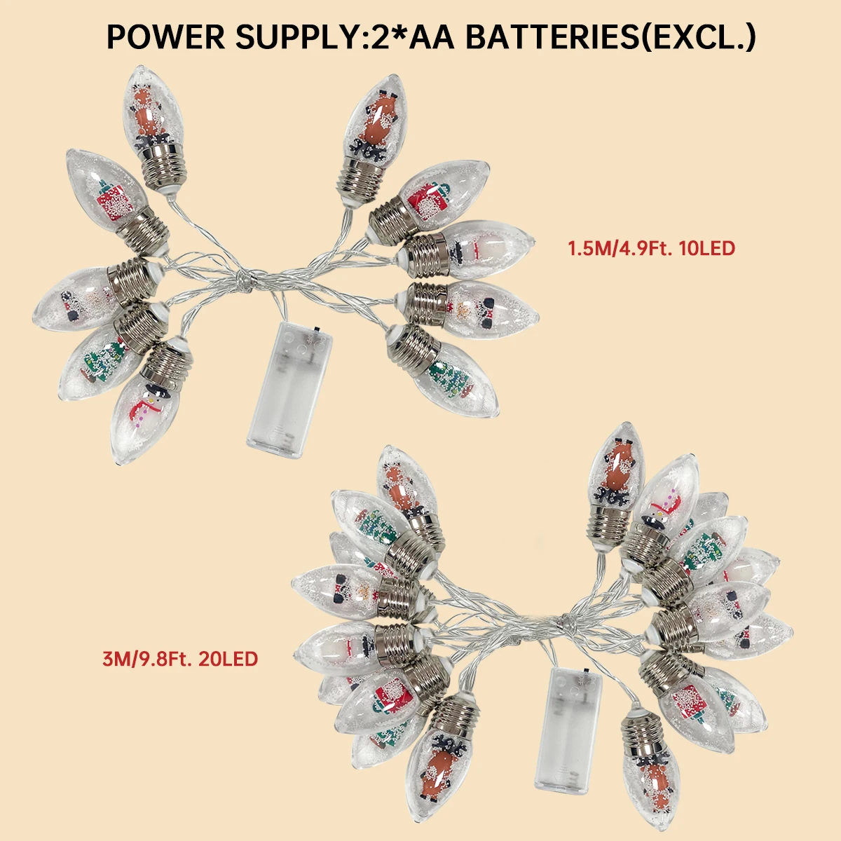 1pc10/20 LED bola de nieve de Navidad bombilla transparente luces de cadena con Navidad Santa Claus muñeco de nieve árbol regalos mezcla de luz alimentada por batería
