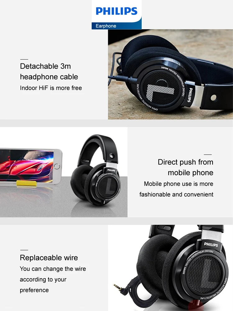 Philips SHP9500 auriculares estéreo HiFi con cable auriculares ordenador aprendizaje en línea auriculares juego de deportes 3,5mm 6,3mm auriculares universales