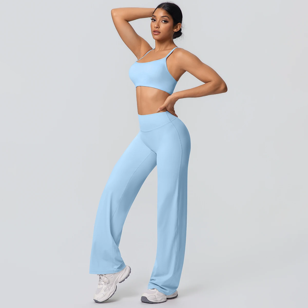 Traje de Yoga deportivo para gimnasio para mujer, ropa interior Sexy de espalda bonita con almohadilla para el pecho, pantalones de pierna ancha de cintura alta de Color sólido, conjunto de Yoga