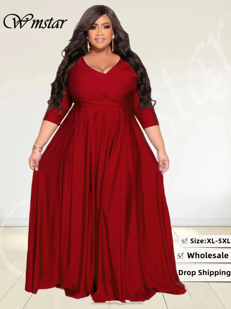 Wmstar-vestidos de fiesta de talla grande para mujer, ropa de otoño, cuello en V, vendaje, dobladillo grande, elegante vestido Maxi de fiesta, venta al por mayor, triangulación de envíos