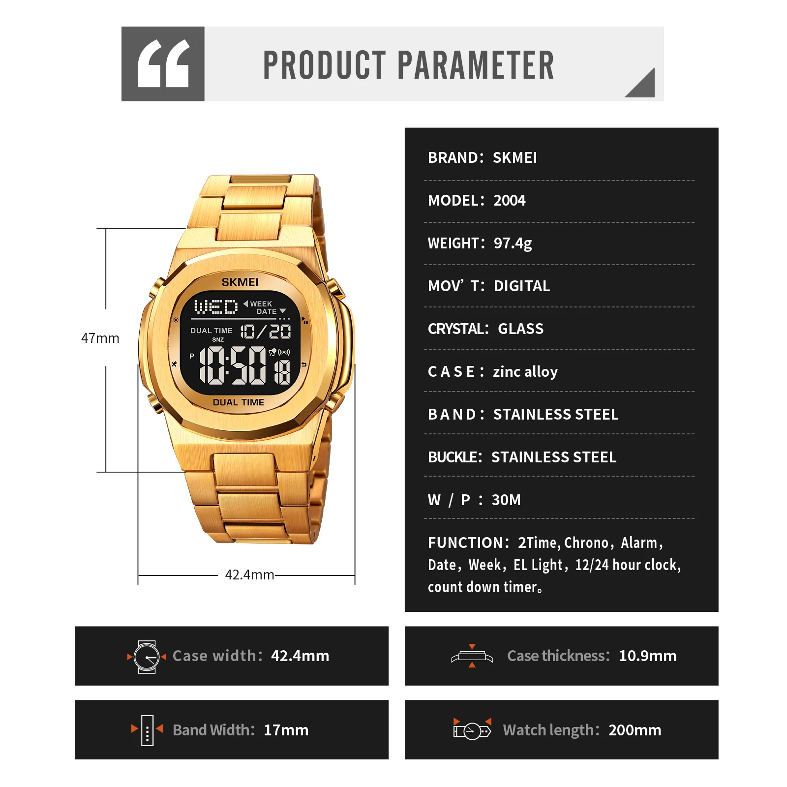 SKMEI 2004 Reloj Digital de lujo para Hombre, calendario deportivo, relojes de pulsera electrónicos impermeables de acero para Hombre, Reloj despertador Led para Hombre